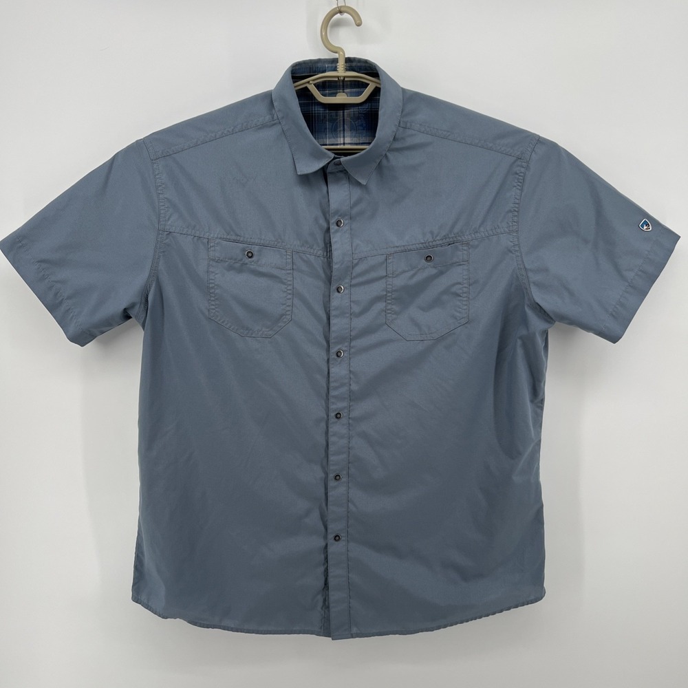 Kuhl Stealth Shirt Mens XL Blue Check Short Sleeve Snap Up Performance Hiking
